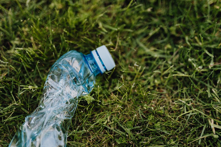 A blue wheelie bin with a closed lid positioned on a dirt ground outdoors near a rocky embankment and surrounded by dense green foliage. The bin appears to be made of plastic with a textured surface a